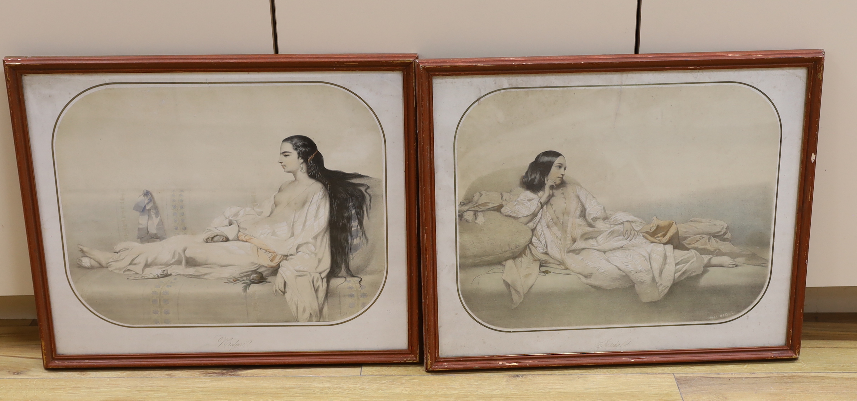 After Vidal, pair of French colour lithographs, Reclining semi-nude beauties, one blind stamped, each 42 x 52cm